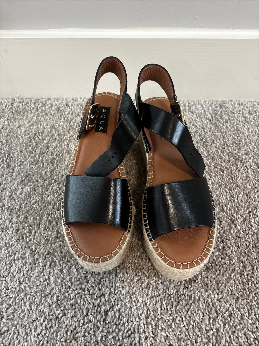 Aqua Black Leather Espadrille Platform Sandals
